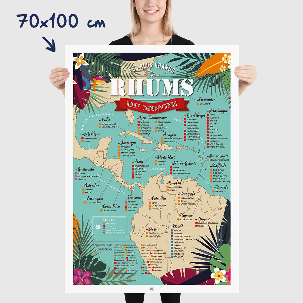 Affiche Rhum : Carte des 100 Meilleurs Rhums du Monde, dimensions 70x100 cm