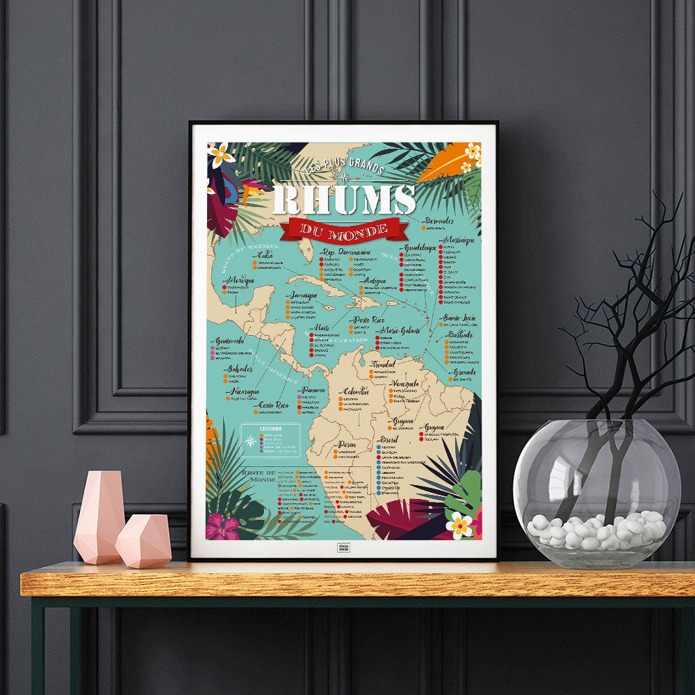 Affiche Rhum : Carte des 100 Meilleurs Rhums du Monde, sur fond sombre