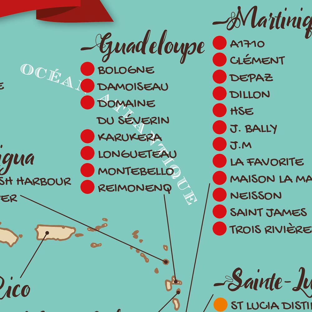 Affiche Rhum : Carte des 100 Meilleurs Rhums du Monde, zoom