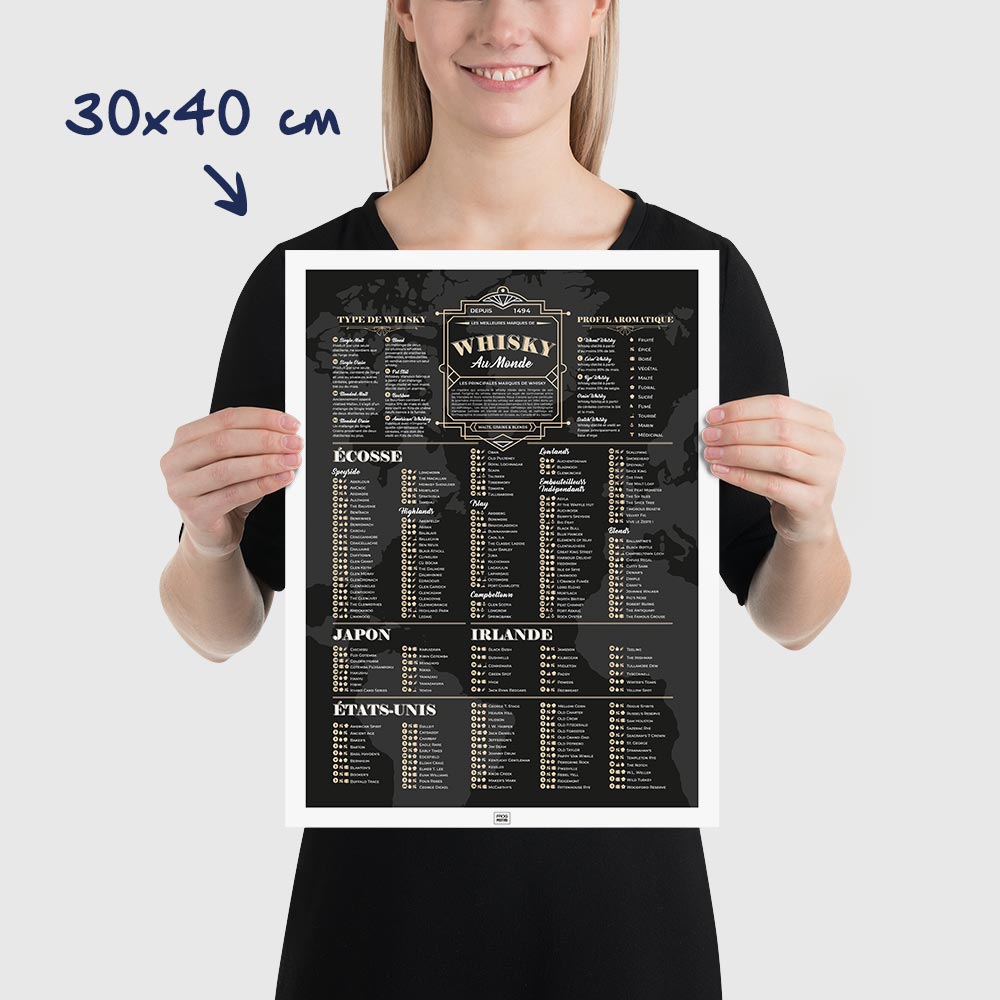 Affiche des meilleurs whisky du monde et leur profil aromatique, poster art déco, dimensions 30x40 cm
