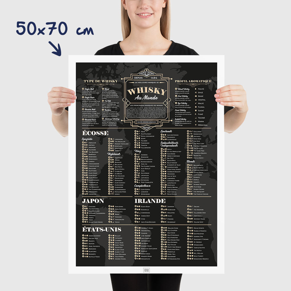 Affiche des meilleurs whisky du monde et leur profil aromatique, poster art déco, dimensions 50x70 cm
