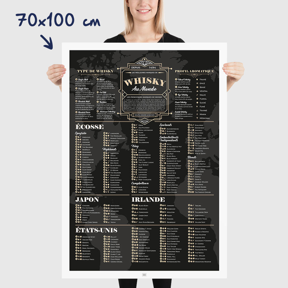 Affiche des meilleurs whisky du monde et leur profil aromatique, poster art déco, dimensions 70x100 cm
