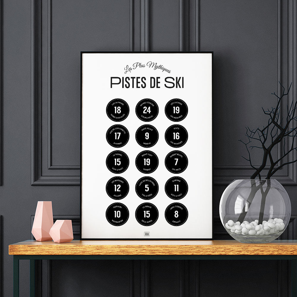 Affiche ski, les pistes de ski légendaires des Alpes, sur fond sombre