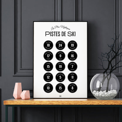 Affiche ski, les pistes de ski légendaires des Alpes, sur fond sombre