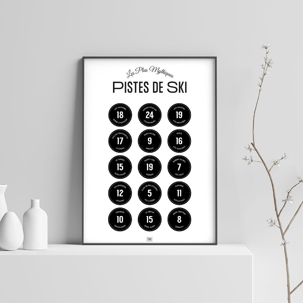 Affiche ski, les pistes de ski légendaires des Alpes, sur fond clair