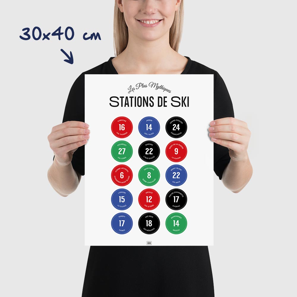 Affiche ski : les stations de ski mythiques des Alpes et leurs pistes, dimensions 30x40 cm