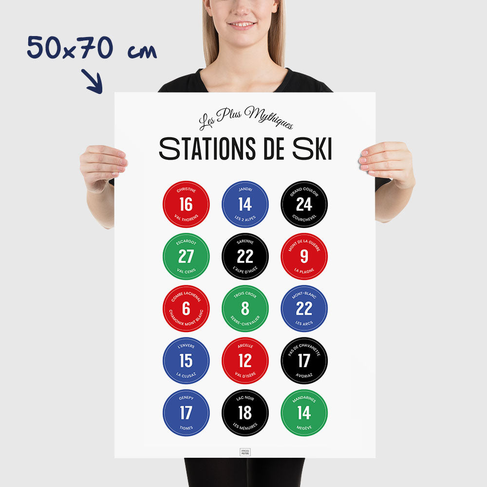 Affiche ski : les stations de ski mythiques des Alpes et leurs pistes, dimensions 50x70 cm