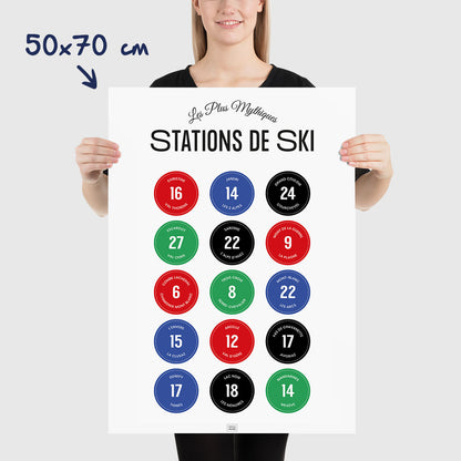 Affiche ski : les stations de ski mythiques des Alpes et leurs pistes, dimensions 50x70 cm