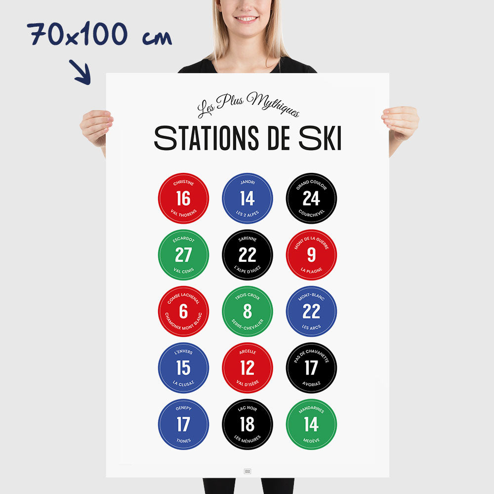 Affiche ski : les stations de ski mythiques des Alpes et leurs pistes, dimensions 70x100 cm