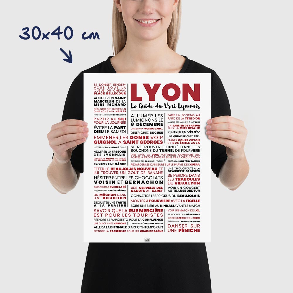 Affiche lyon : le guide du vrai lyonnais, affiche typographique minimaliste, dimensions 30x40 cm