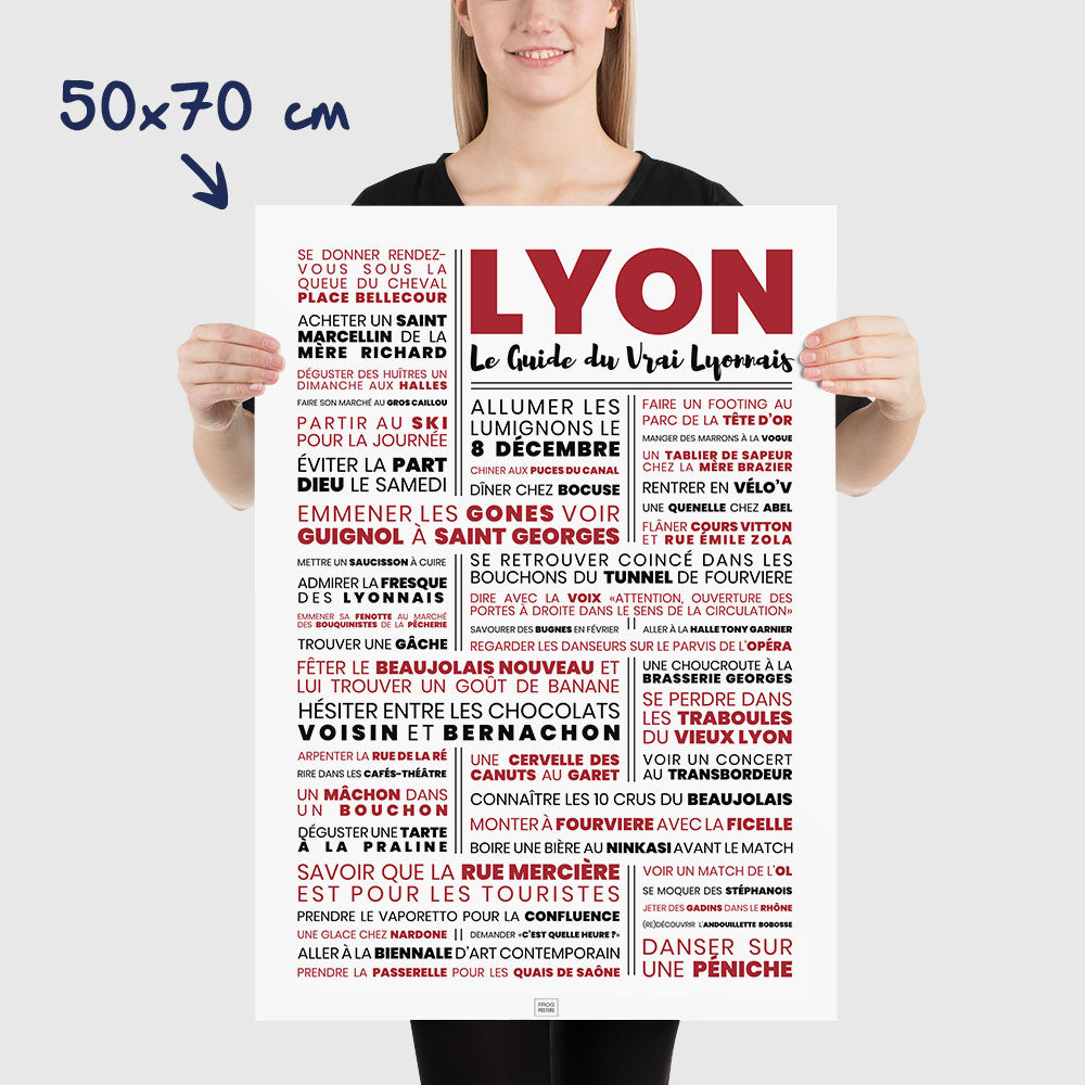 Affiche lyon : le guide du vrai lyonnais, affiche typographique minimaliste, dimensions 50x70 cm