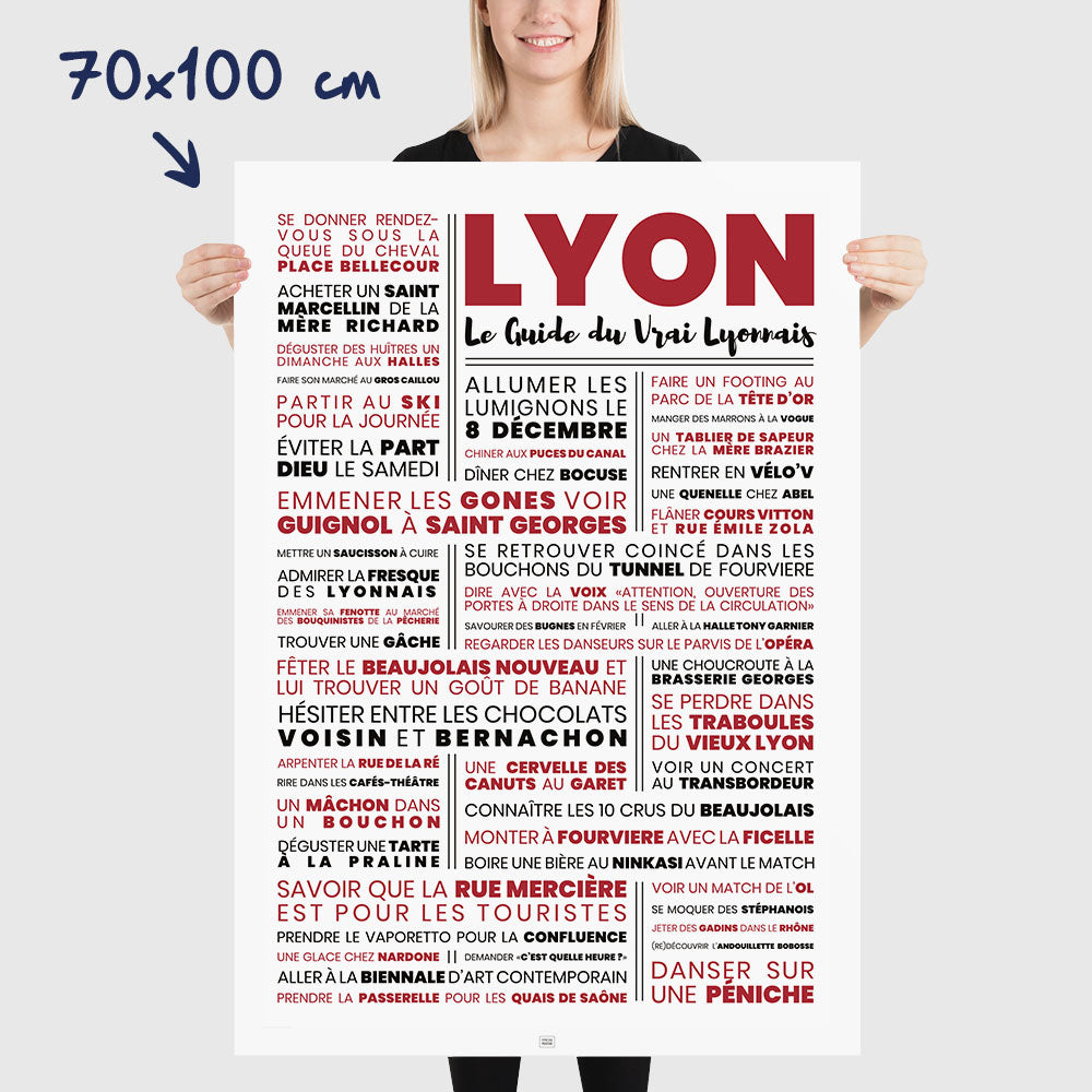 Affiche lyon : le guide du vrai lyonnais, affiche typographique minimaliste, dimensions 70x100 cm