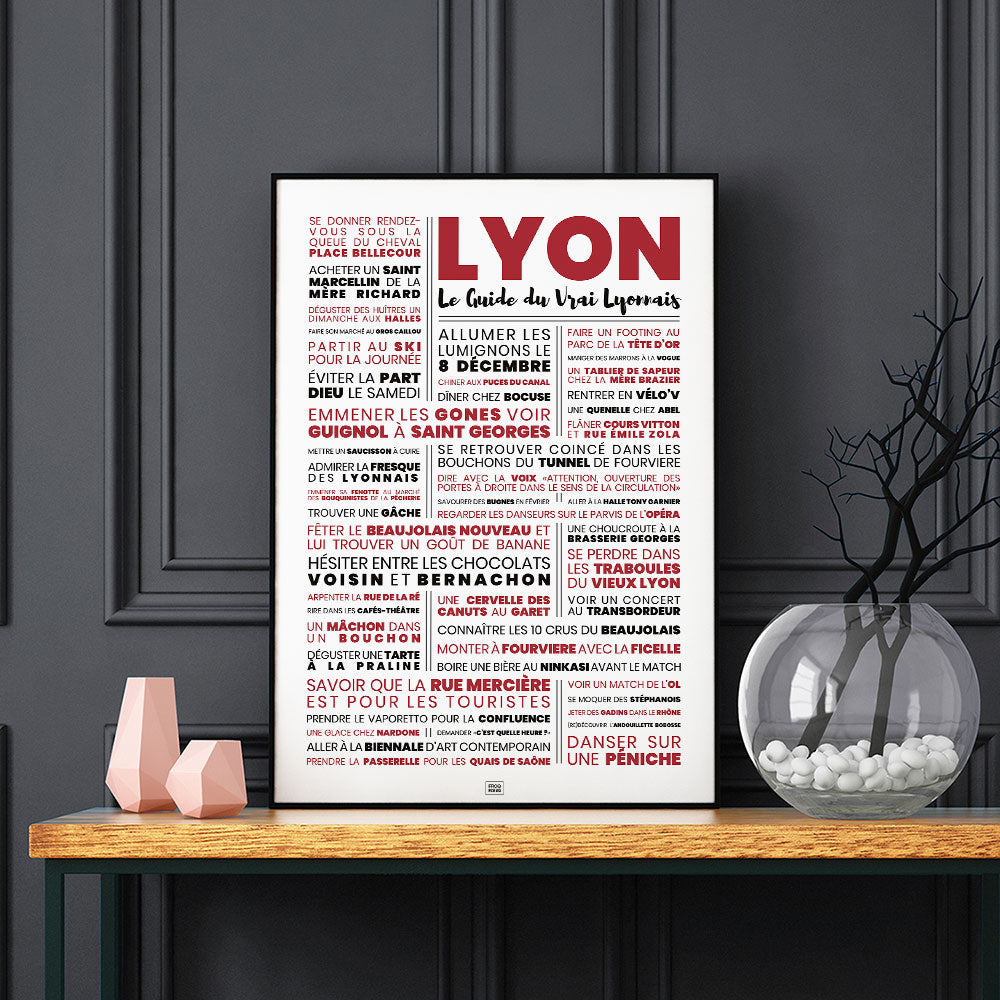Affiche lyon : le guide du vrai lyonnais, affiche typographique minimaliste, sur fond sombre