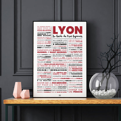 Affiche lyon : le guide du vrai lyonnais, affiche typographique minimaliste, sur fond sombre