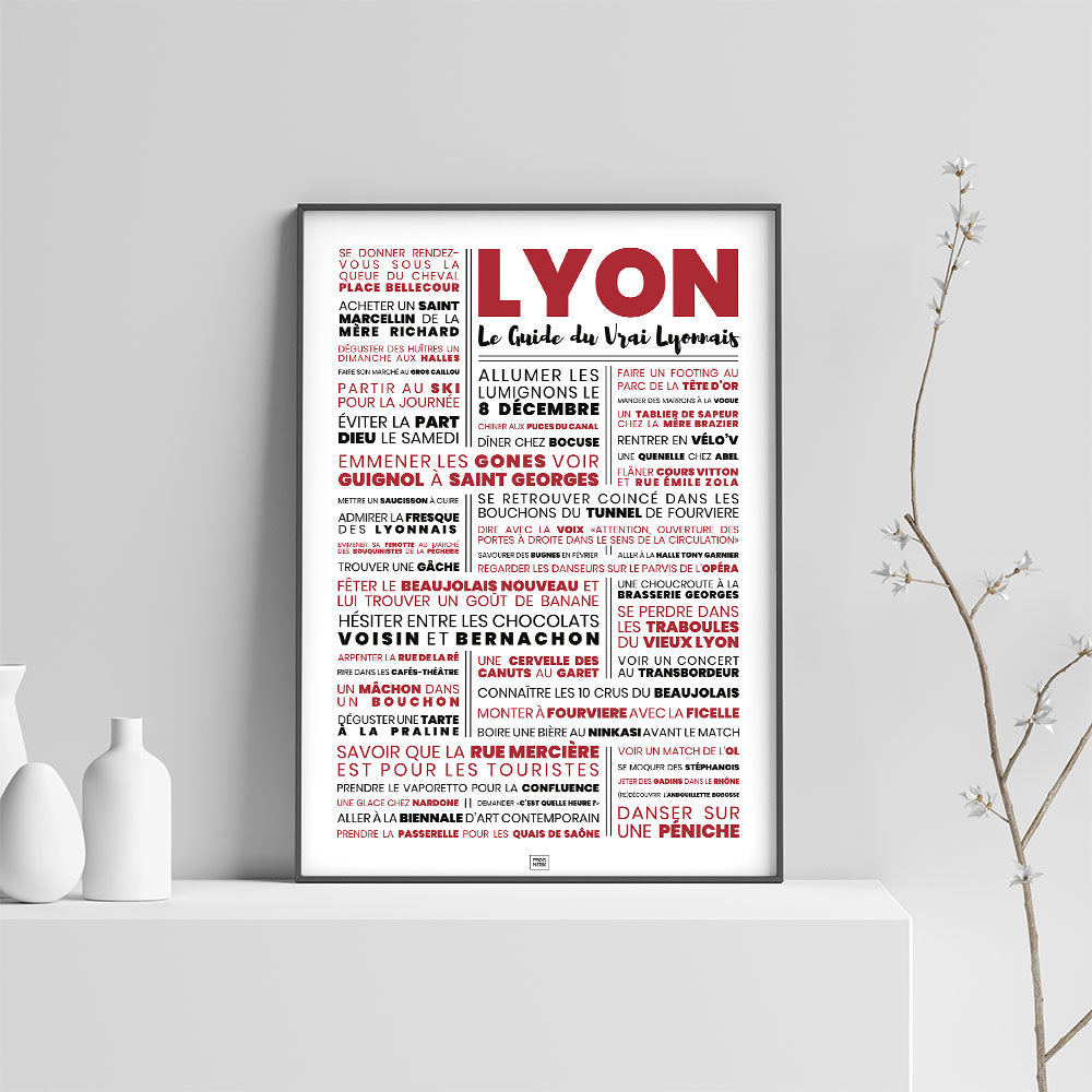 Affiche lyon : le guide du vrai lyonnais, affiche typographique minimaliste, sur fond clair