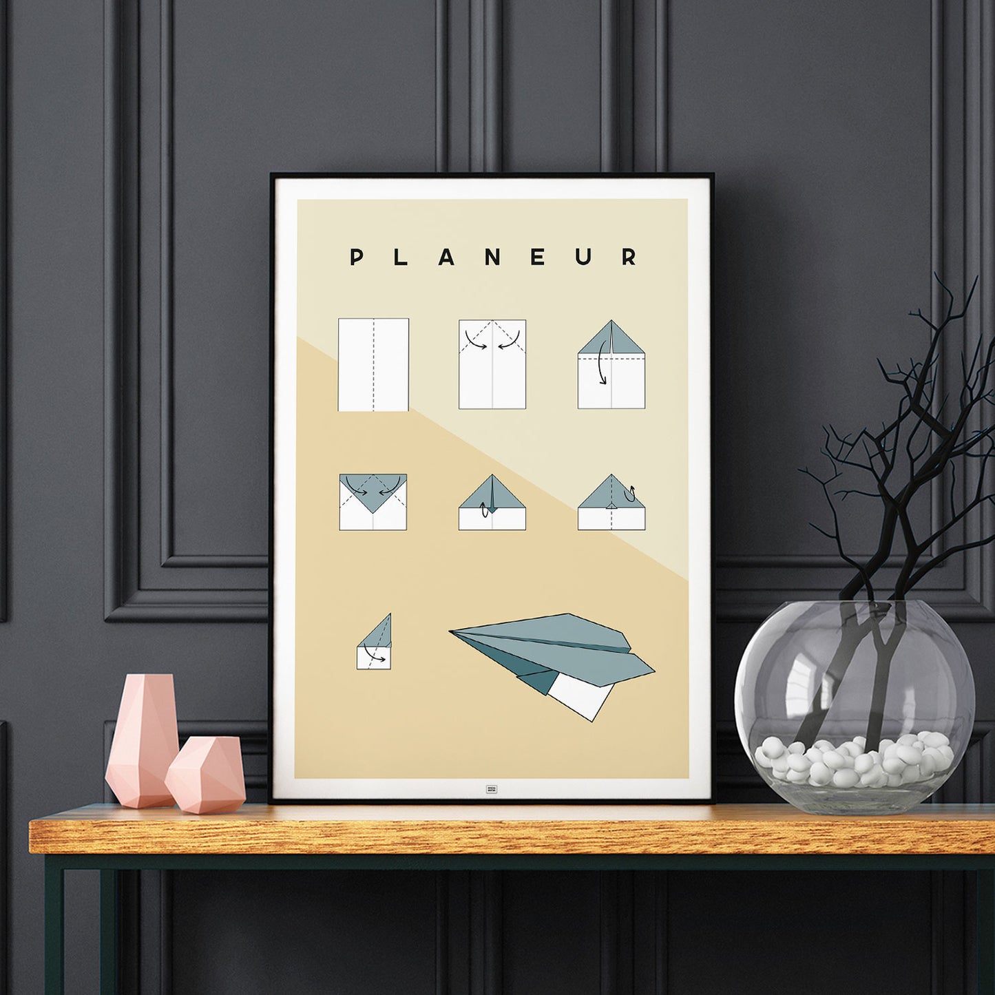 Affiche origami avion, poster minimaliste géométrique, sur fond sombre