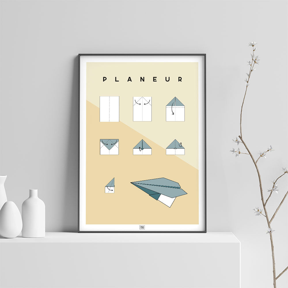 Affiche origami avion, poster minimaliste géométrique, sur fond clair