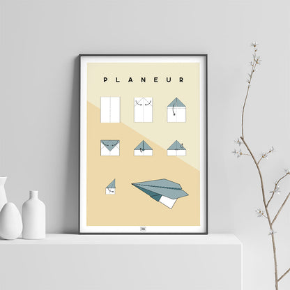 Affiche origami avion, poster minimaliste géométrique, sur fond clair