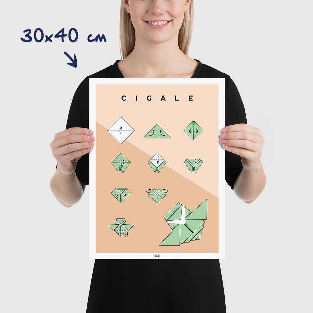 Affiche origami cigale, poster minimaliste géométrique, dimensions 30x40 cm
