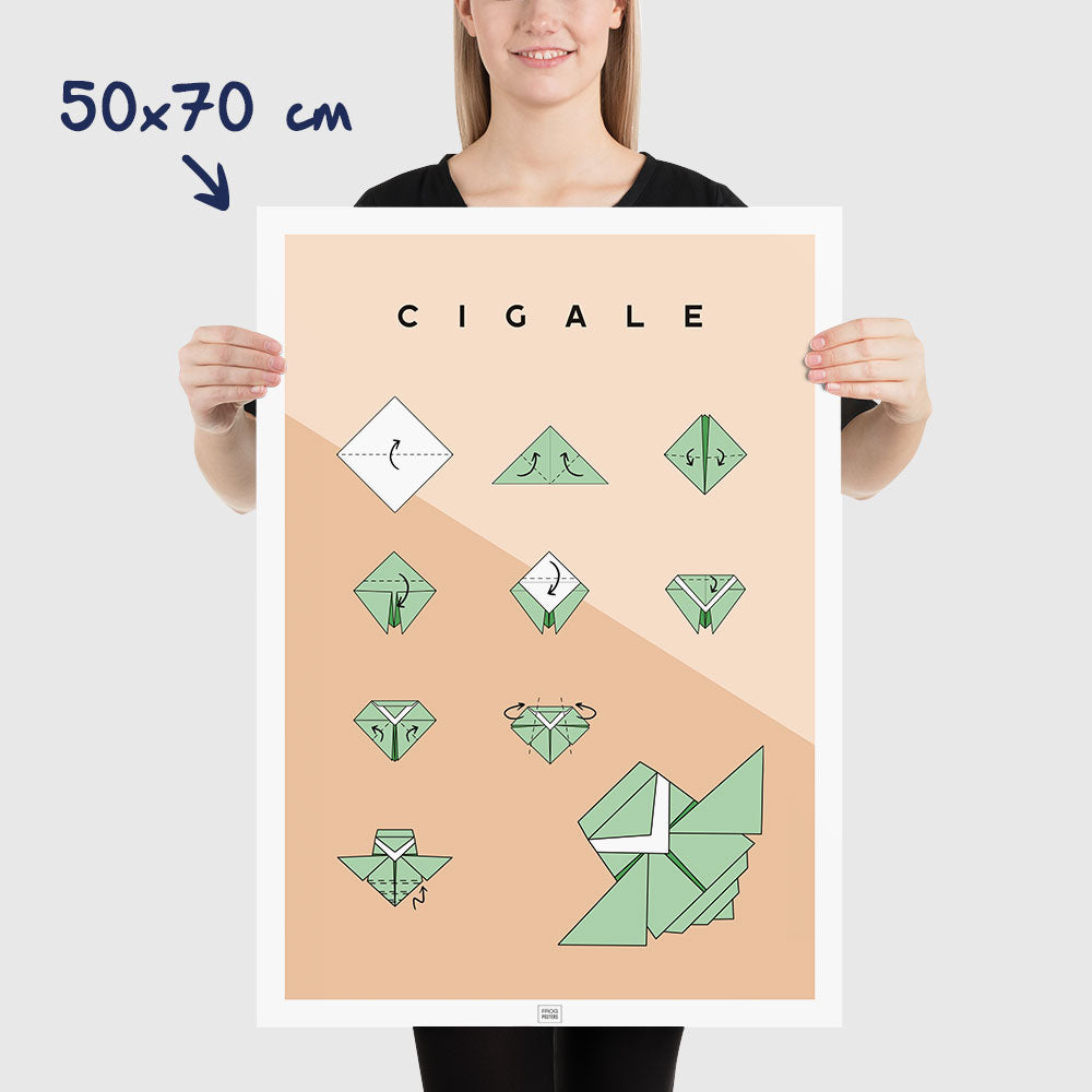 Affiche origami cigale, poster minimaliste géométrique, dimensions 50x70 cm