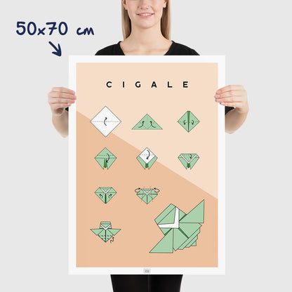 Affiche origami cigale, poster minimaliste géométrique, dimensions 50x70 cm