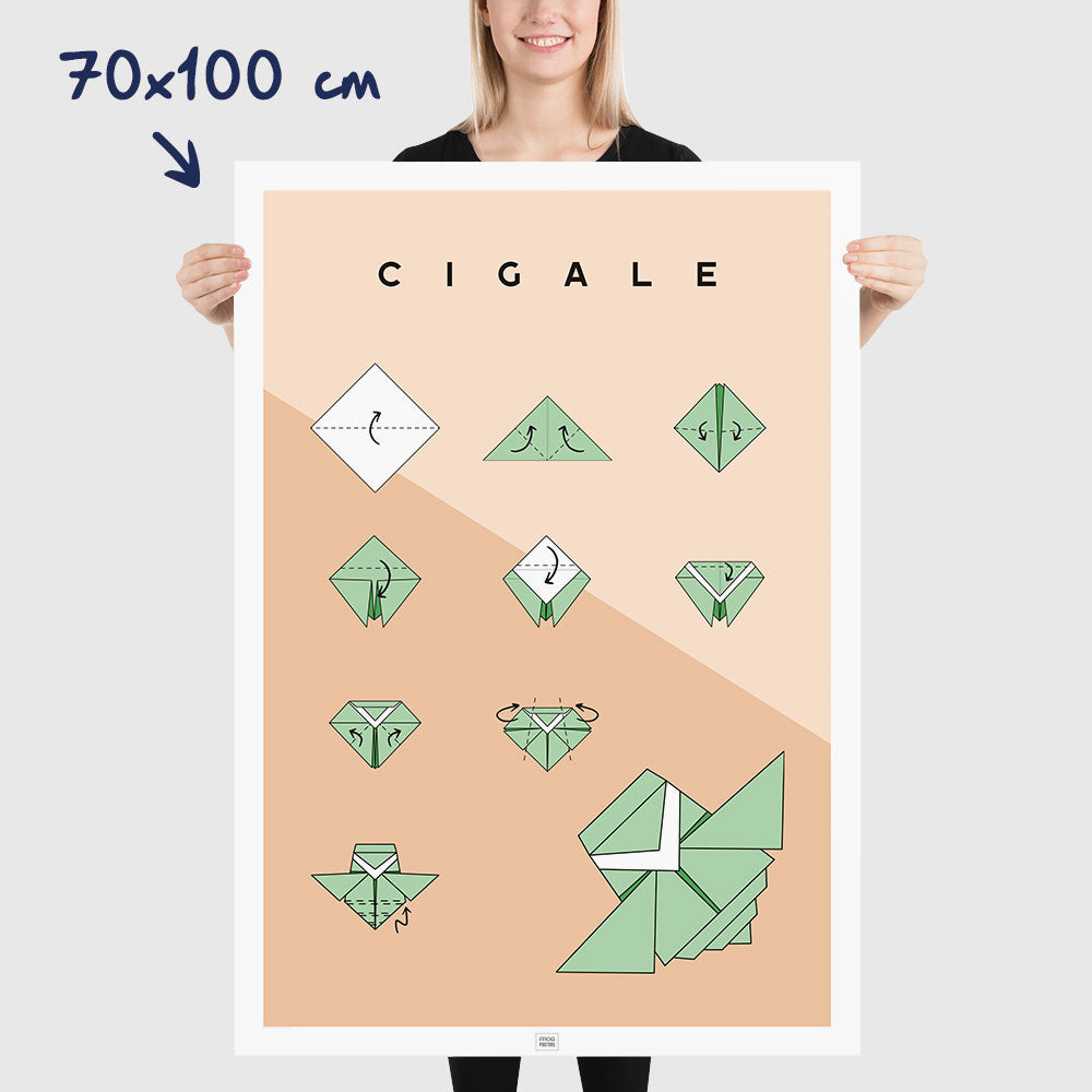 Affiche origami cigale, poster minimaliste géométrique, dimensions 70x100 cm