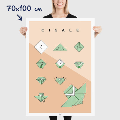 Affiche origami cigale, poster minimaliste géométrique, dimensions 70x100 cm