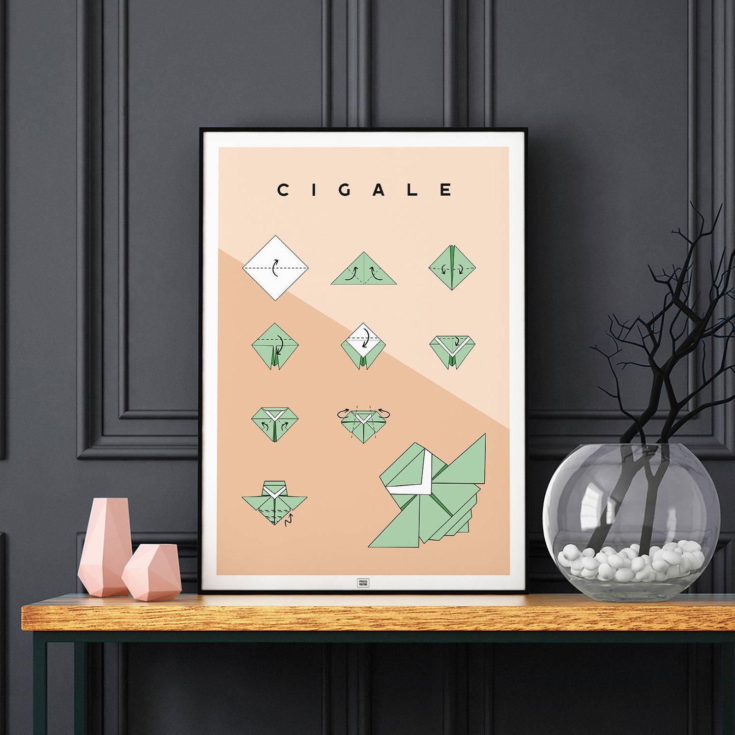 Affiche origami cigale, poster minimaliste géométrique, sur fond sombre