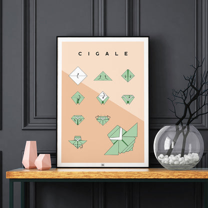 Affiche origami cigale, poster minimaliste géométrique, sur fond sombre