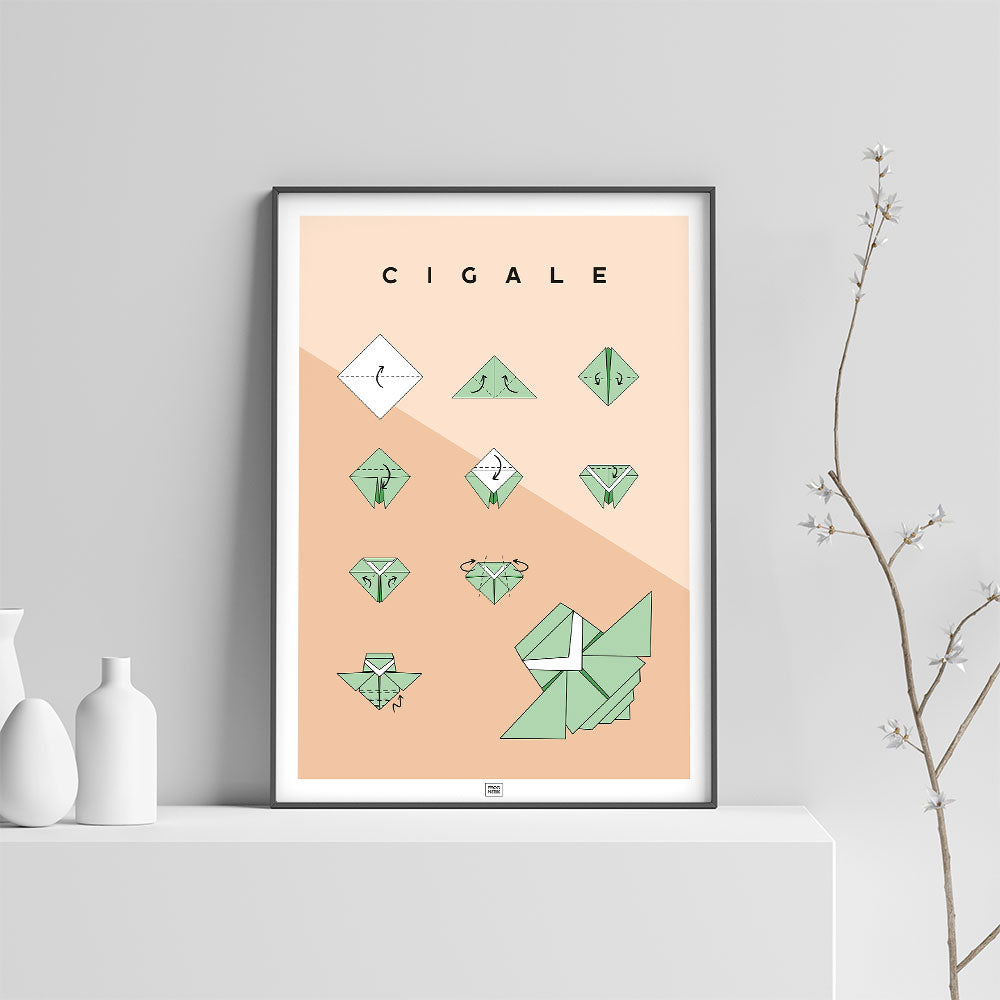Affiche origami cigale, poster minimaliste géométrique, sur fond clair