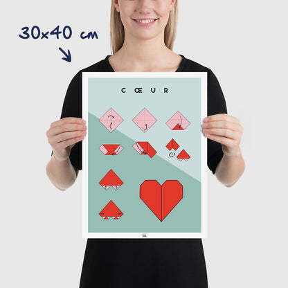 Affiche origami coeur, poster minimaliste géométrique, dimensions 30x40 cm