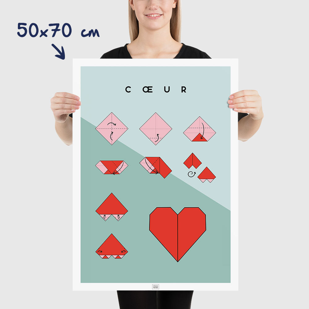Affiche origami coeur, poster minimaliste géométrique, dimensions 50x70 cm
