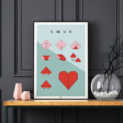 Affiche origami coeur, poster minimaliste géométrique, sur fond sombre