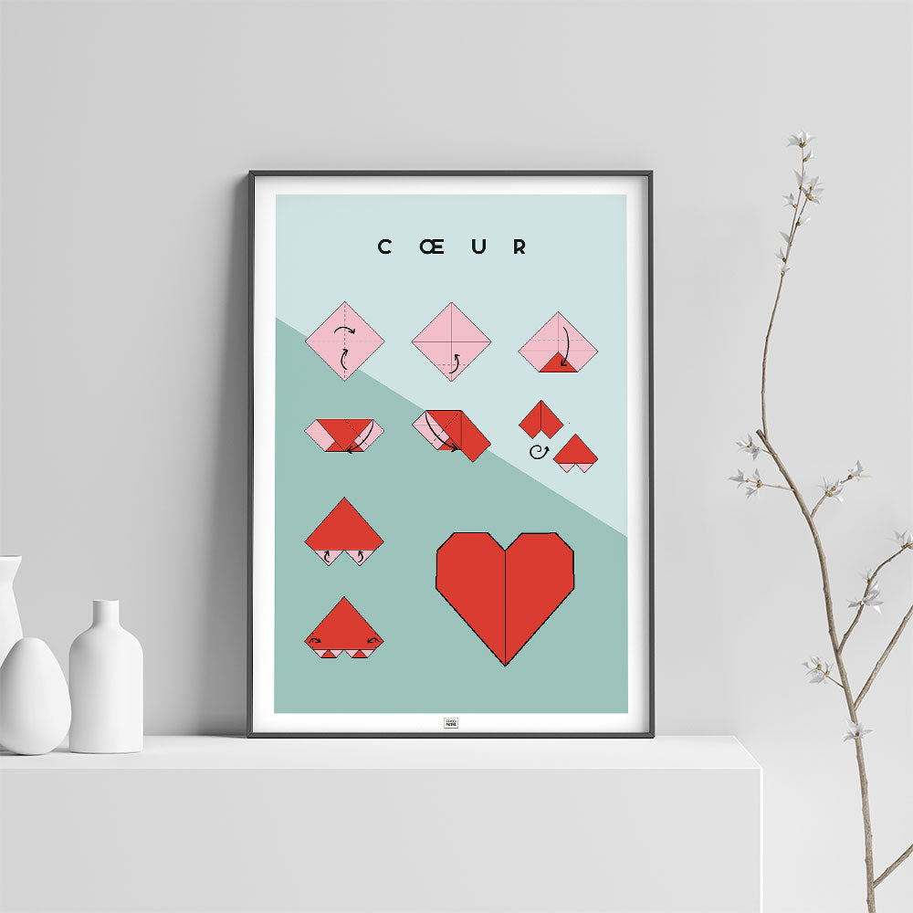 Affiche origami coeur, poster minimaliste géométrique, sur fond clair