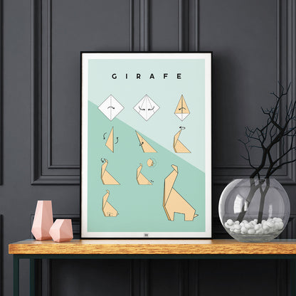 Affiche origami girafe, poster minimaliste géométrique, sur fond sombre