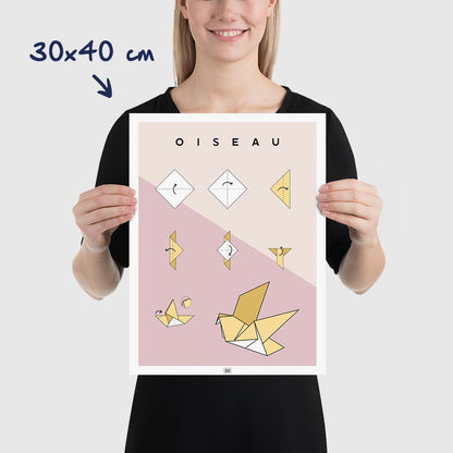 Affiche origami oiseau, poster minimaliste géométrique, dimensions 30x40 cm