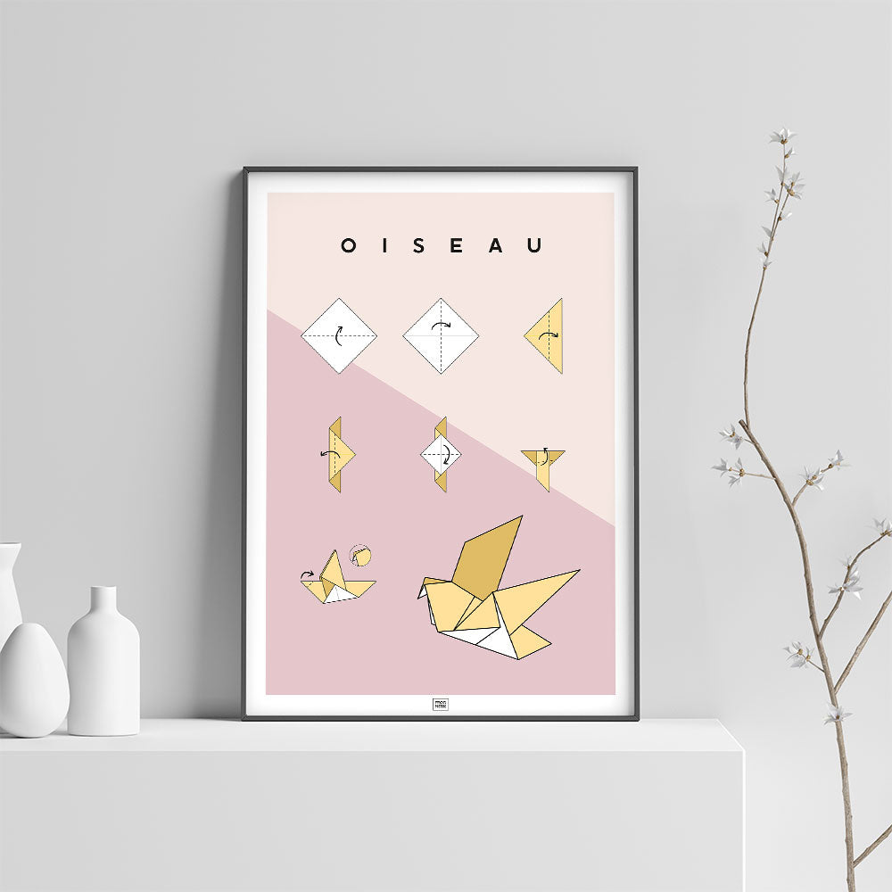 Affiche origami oiseau, poster minimaliste géométrique, sur fond clair
