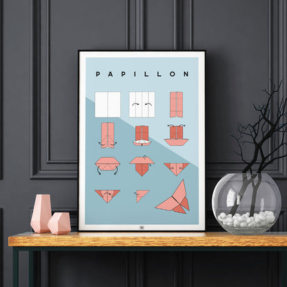 Affiche origami papillon, poster minimaliste géométrique, sur fond sombre