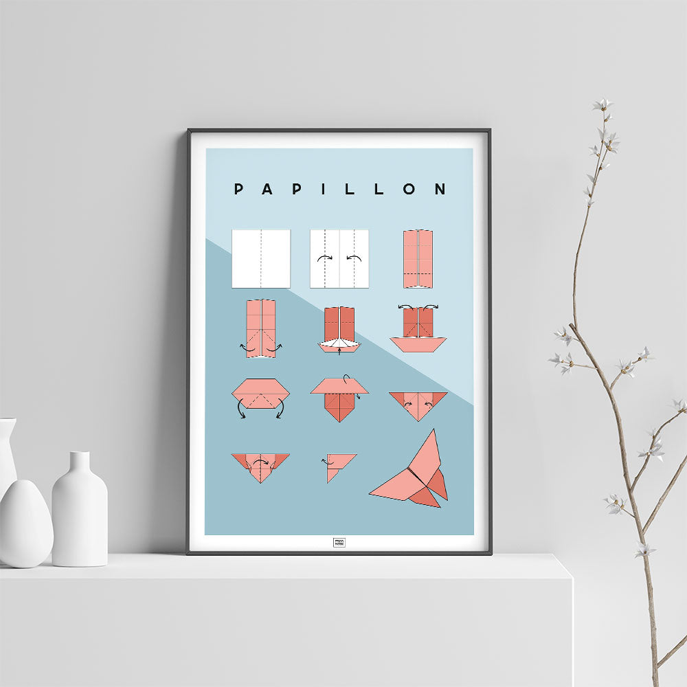 Affiche origami papillon, poster minimaliste géométrique, sur fond clair