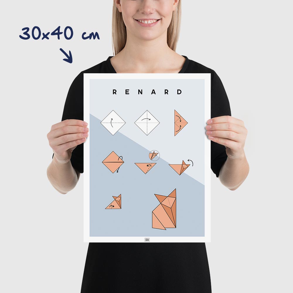 Affiche origami renard, poster minimaliste géométrique, dimensions 30x40 cm