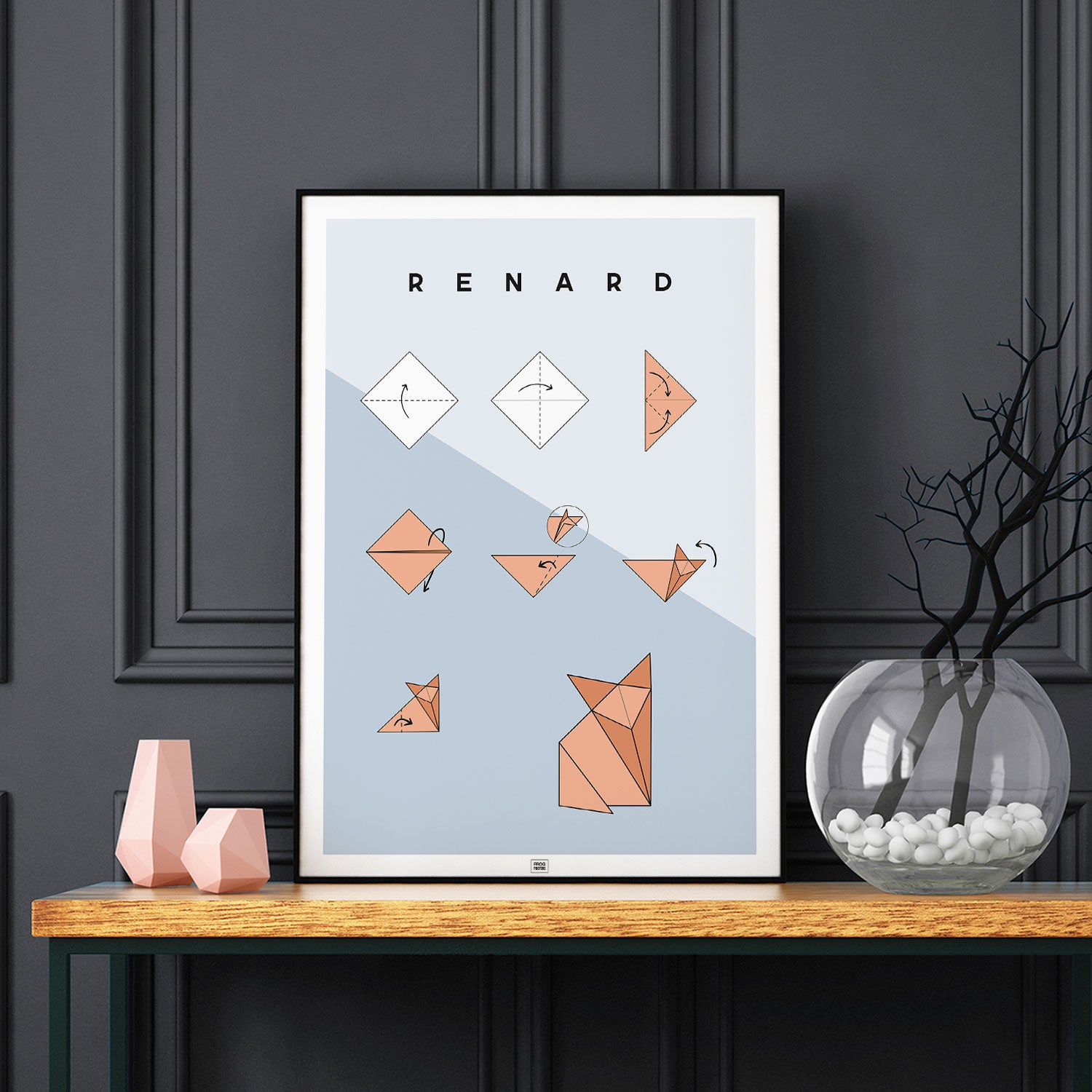 Affiche origami renard, poster minimaliste géométrique, sur fond sombre