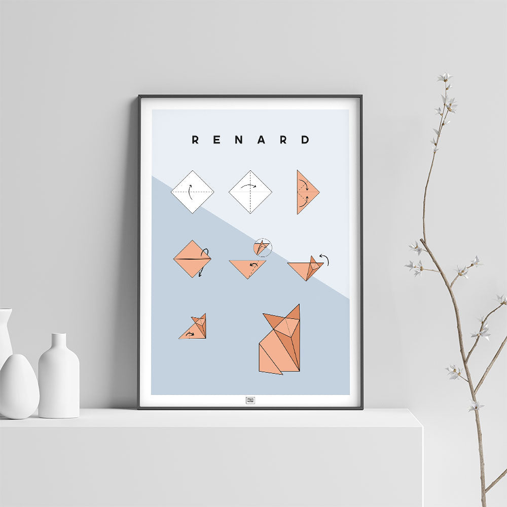 Affiche origami renard, poster minimaliste géométrique, sur fond clair