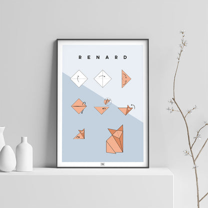 Affiche origami renard, poster minimaliste géométrique, sur fond clair