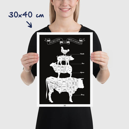 Affiche pièces de boucherie, guide des morceaux de boeuf, agneau, porc et volaille du boucher, dimensions 30x40 cm