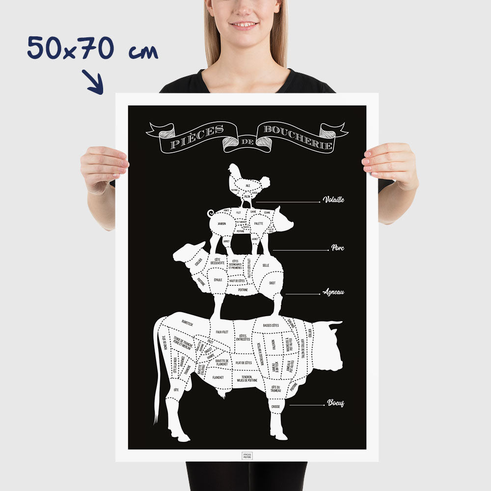 Affiche pièces de boucherie, guide des morceaux de boeuf, agneau, porc et volaille du boucher, dimensions 50x70 cm