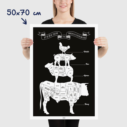 Affiche pièces de boucherie, guide des morceaux de boeuf, agneau, porc et volaille du boucher, dimensions 50x70 cm