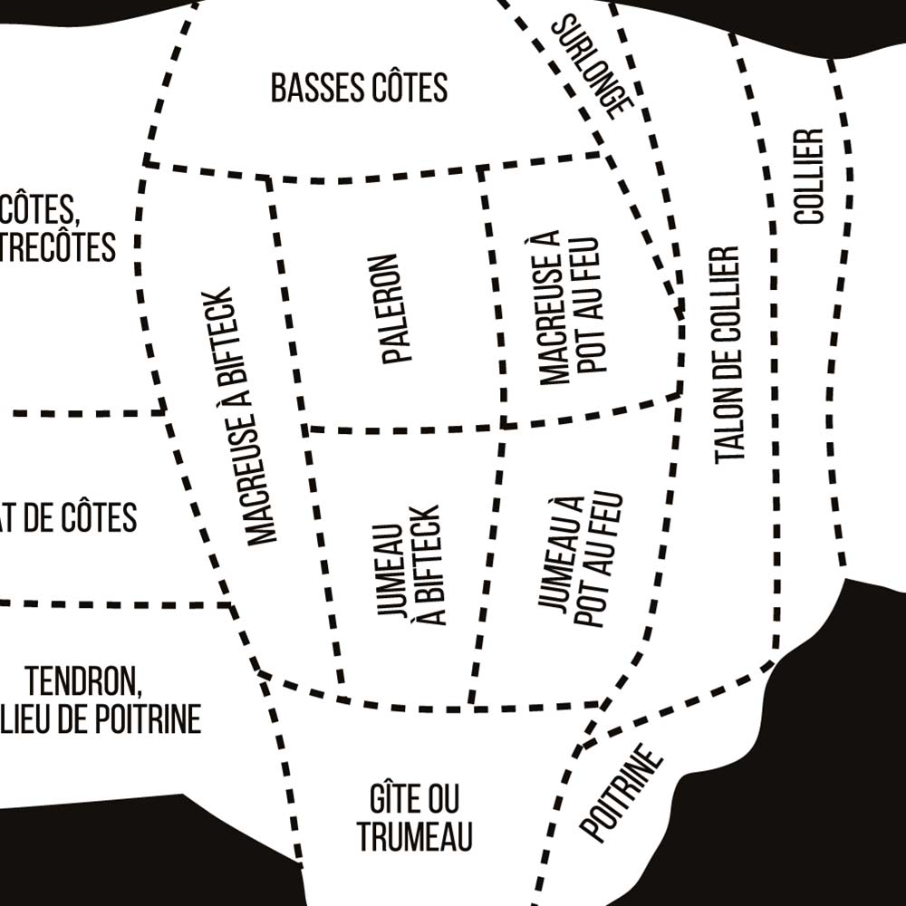 Affiche pièces de boucherie, guide des morceaux de boeuf, agneau, porc et volaille du boucher, zoom