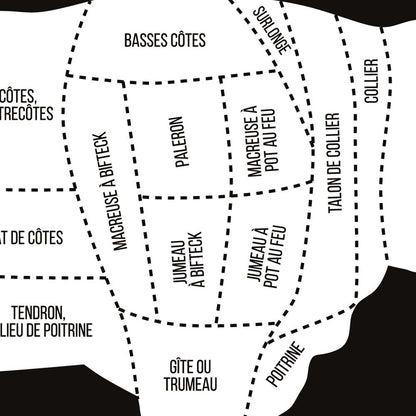 Affiche pièces de boucherie, guide des morceaux de boeuf, agneau, porc et volaille du boucher, zoom