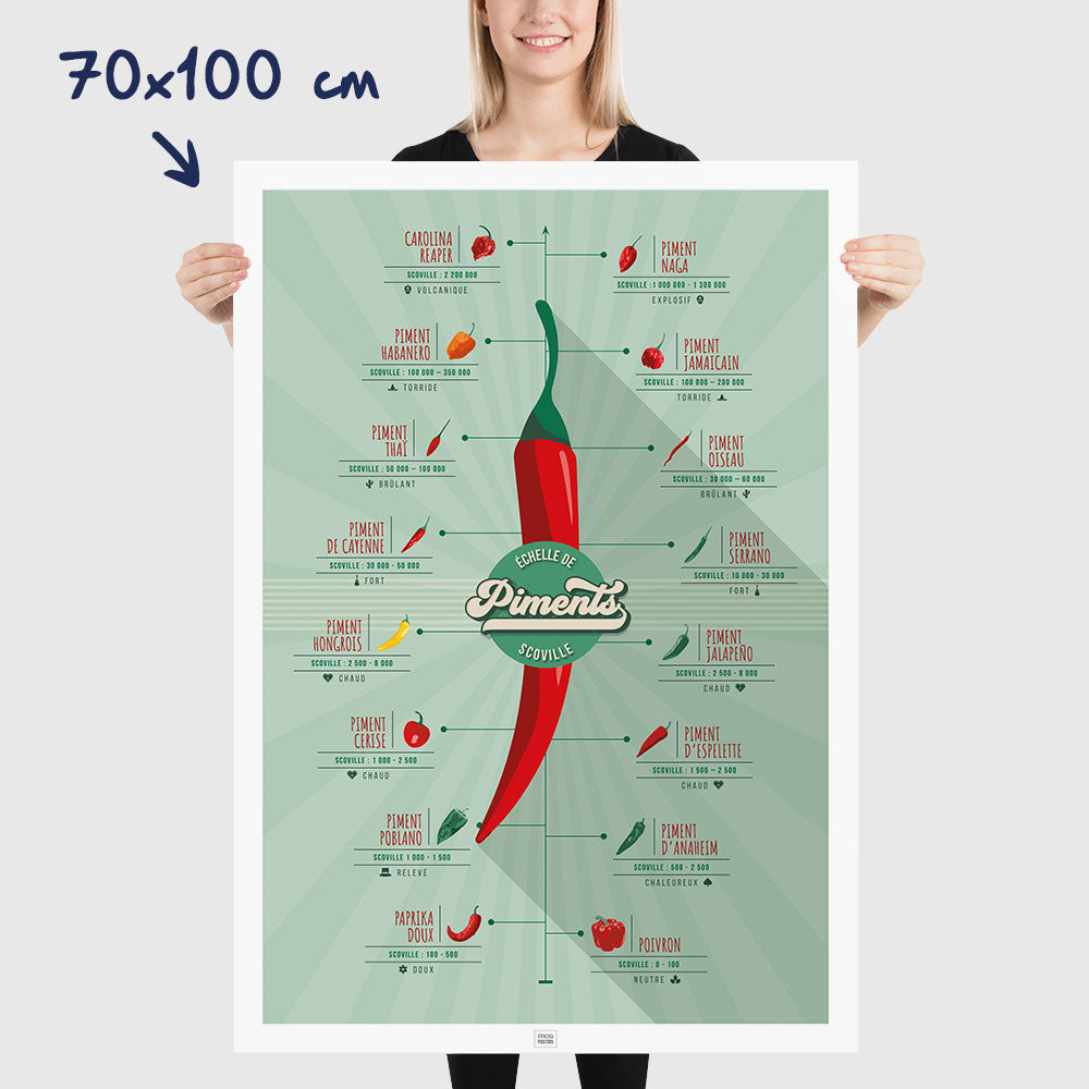 Affiche piments : l'échelle de scoville et la force des piments, dimensions 70x100 cm