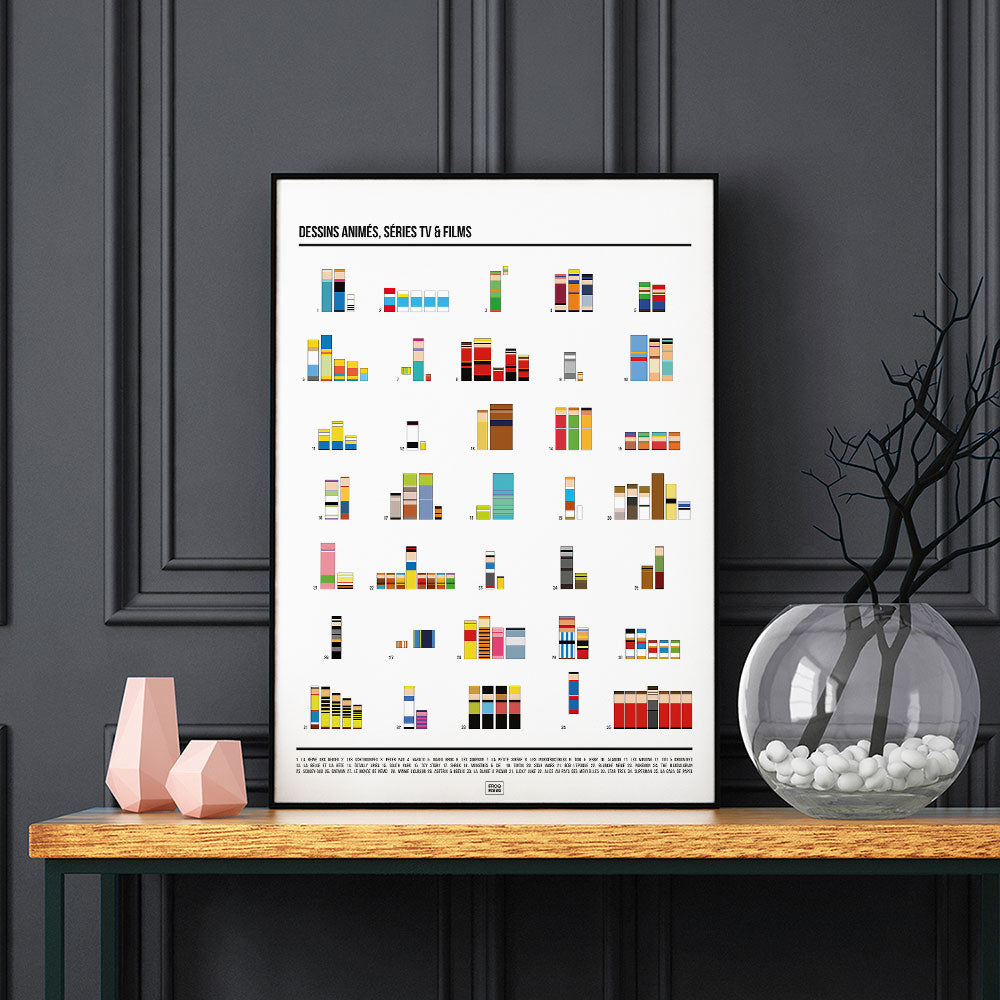 Affiche séries TV, films et dessins animés en pixel art, sur fond sombre